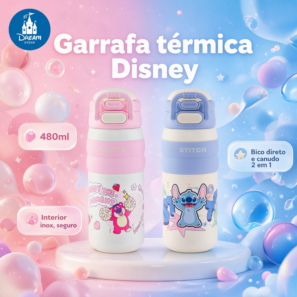 Garrafa de Água Térmica Squeeze 480ml Stitch Resistente Disney