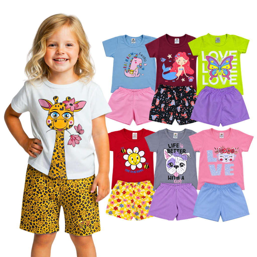 Kit 6 Peças Roupa Infantil Menina Verão Conjunto Sortido Estampado Camiseta + Shorts 3 Conjuntos
