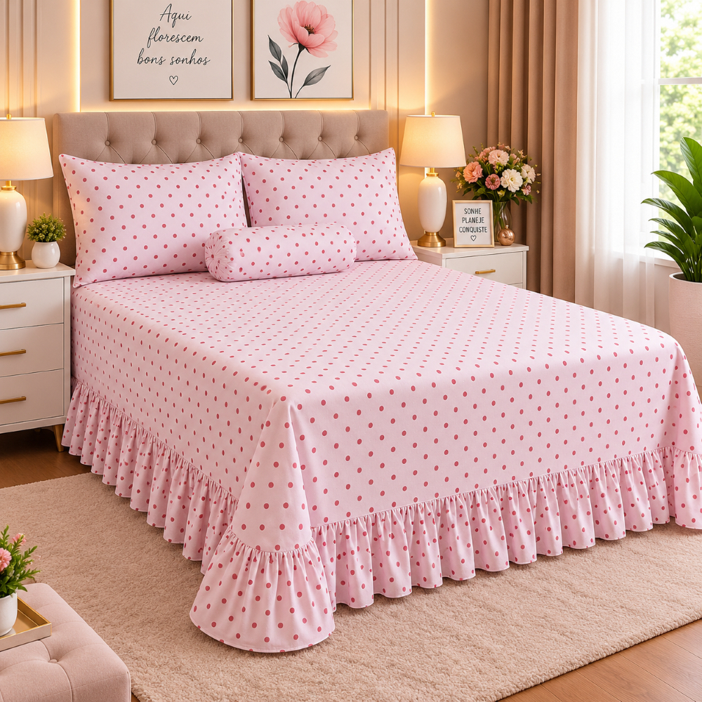 Kit Colcha Cama Cobre Leito Casal Queen C/Babado 3 Peças Estampada 400 fios Luxo