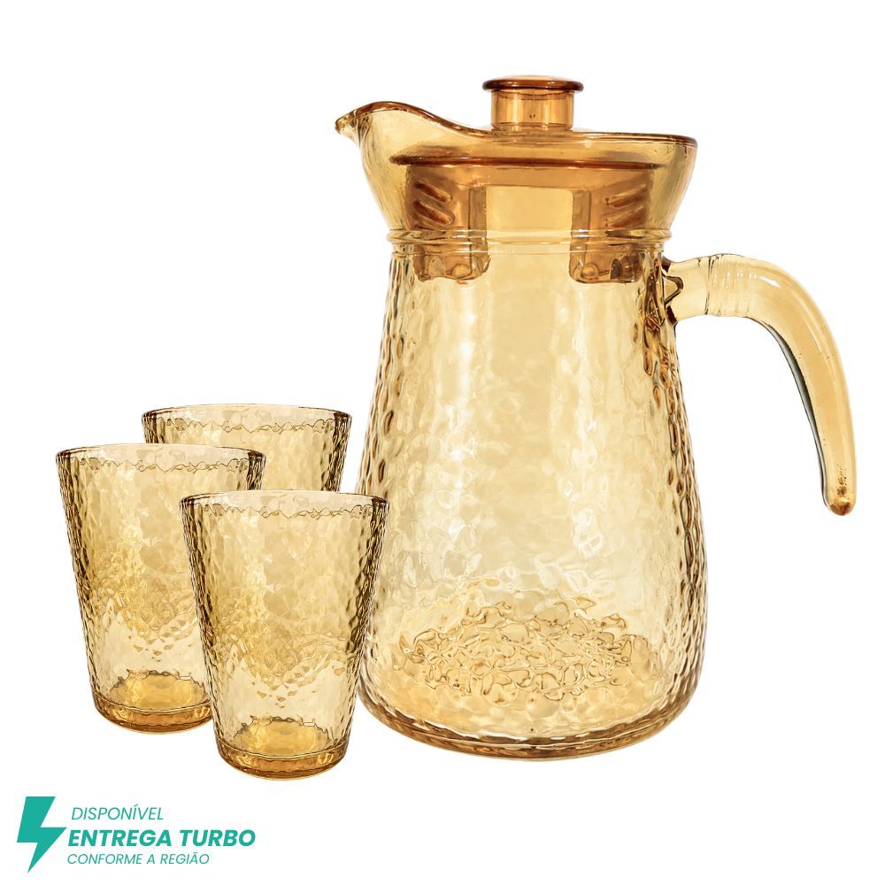 Conjunto de 1 Jarra de Vidro Âmbar com Tampa e 6 Copos – 7 Peças – Design Sofisticado e Resistente