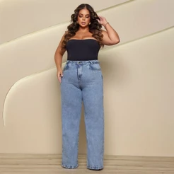 Calça Wide Leg Jeans Plus Size 100% Algodão Pantalona Jenas Grosso Cintura Alta Bolsos Marmorizado
