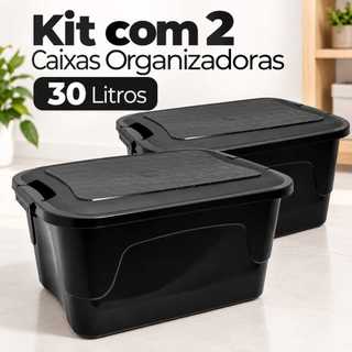 Kit Com 2 Organizador 30 Litros Caixas Organizadoras Com Tampa Preta Com Travas Caixas Organizadoras