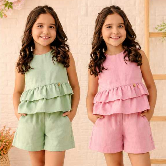 Conjunto Infantil Menina em Linho Misto Blusa com Babado + short com bolso Roupa de passeio Look Infantil