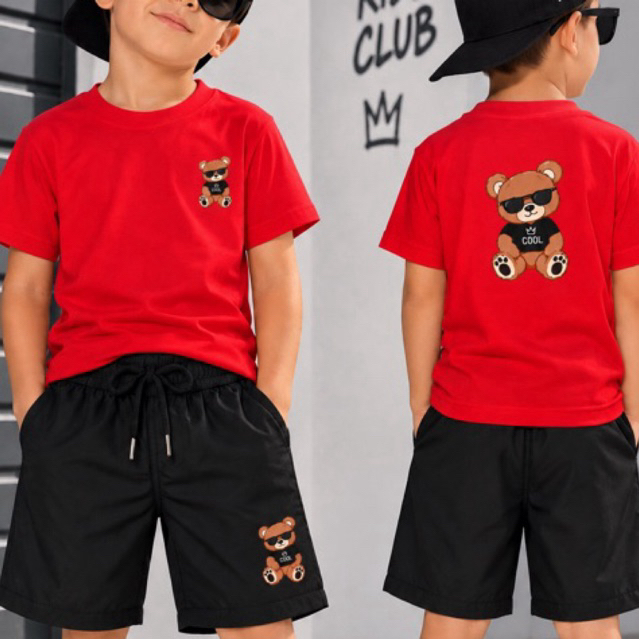 Conjunto Infantil Masculino Camiseta e Bermuda Tactel Ursinho Menino Verão Tendência