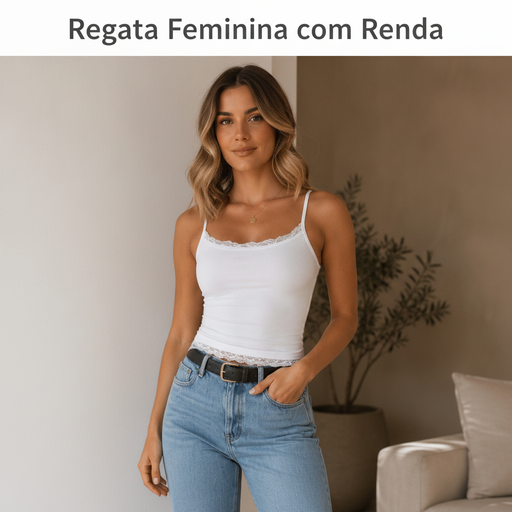 Regata feminina com renda alcinha blusa casual básica verão viscose e elastano