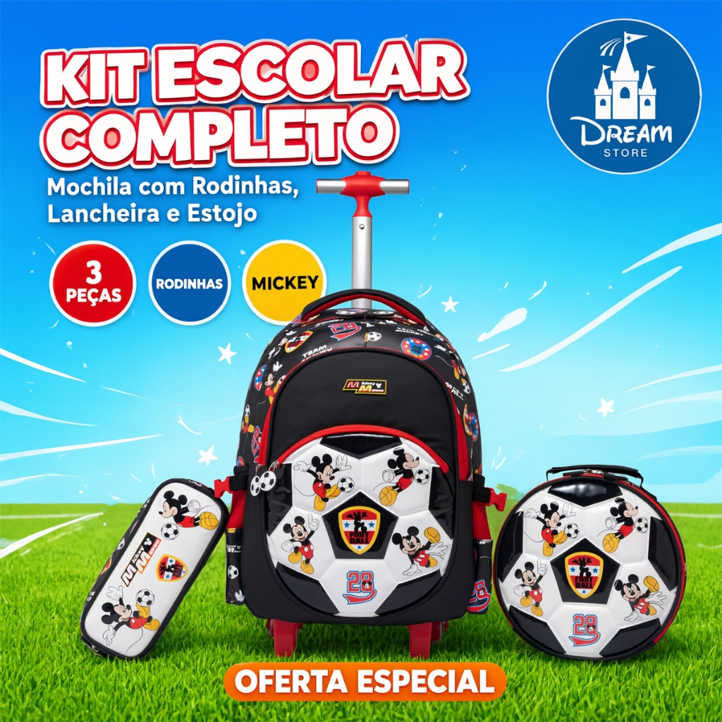 Kit Mochila de Rodinhas Mickey Disney Infantil Escolar Resistente