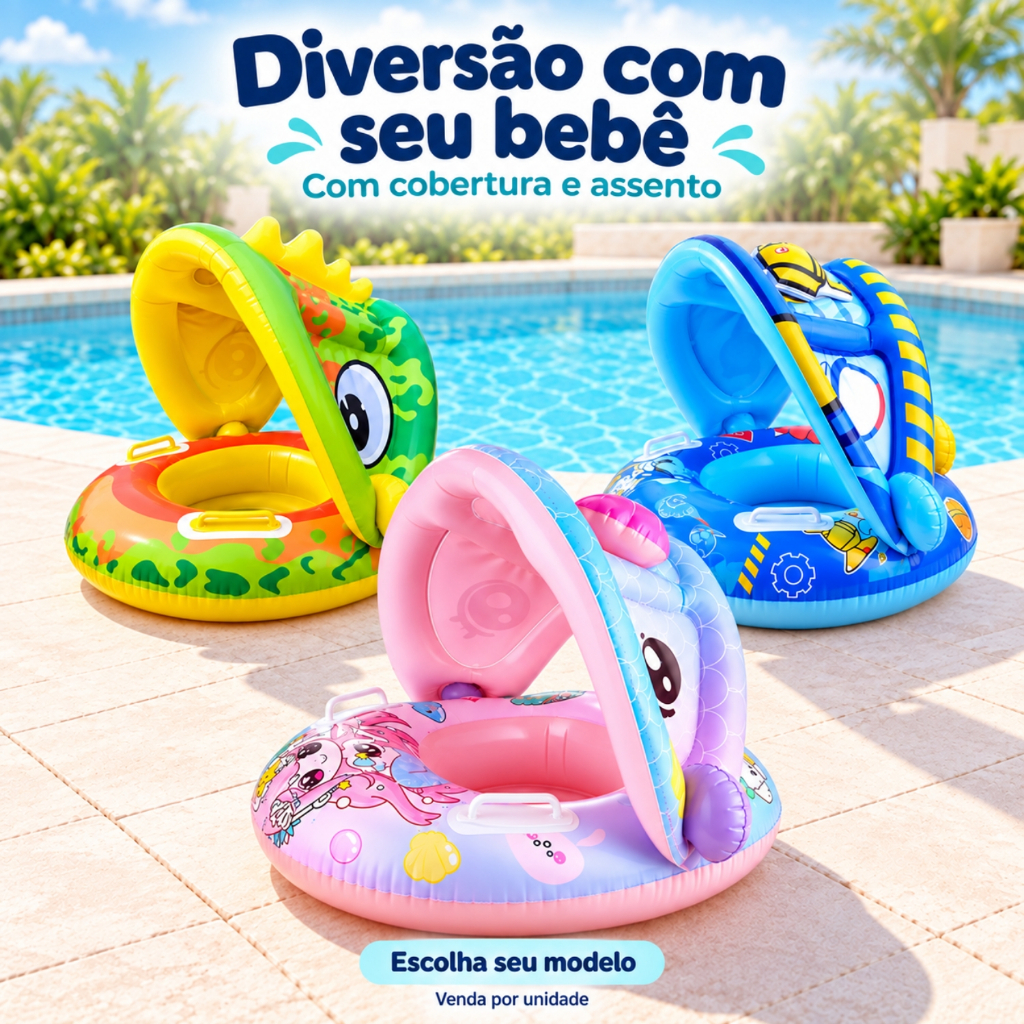 Boia Infantil para Bebê com Cobertura e Assento Fralda Bote Inflável Piscina Praia Dinossauro Sereia Robô