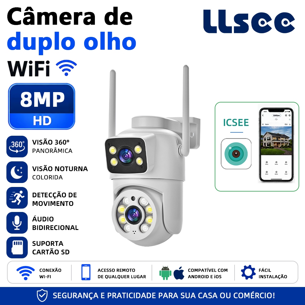 ICSEE 8MP câmera de monitoramento WiFi ao ar livre com rotação 355° e monitoramento do movimento IP66 à prova de água