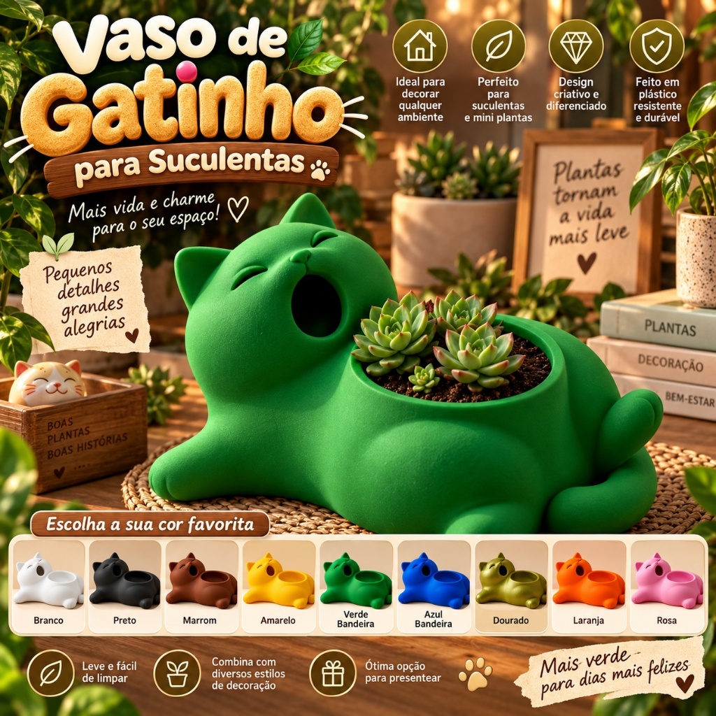 Vaso Gatinho 14cm para Suculentas e Plantas Pequenas Decorativo em Plástico Várias Cores para Casa e Escritório