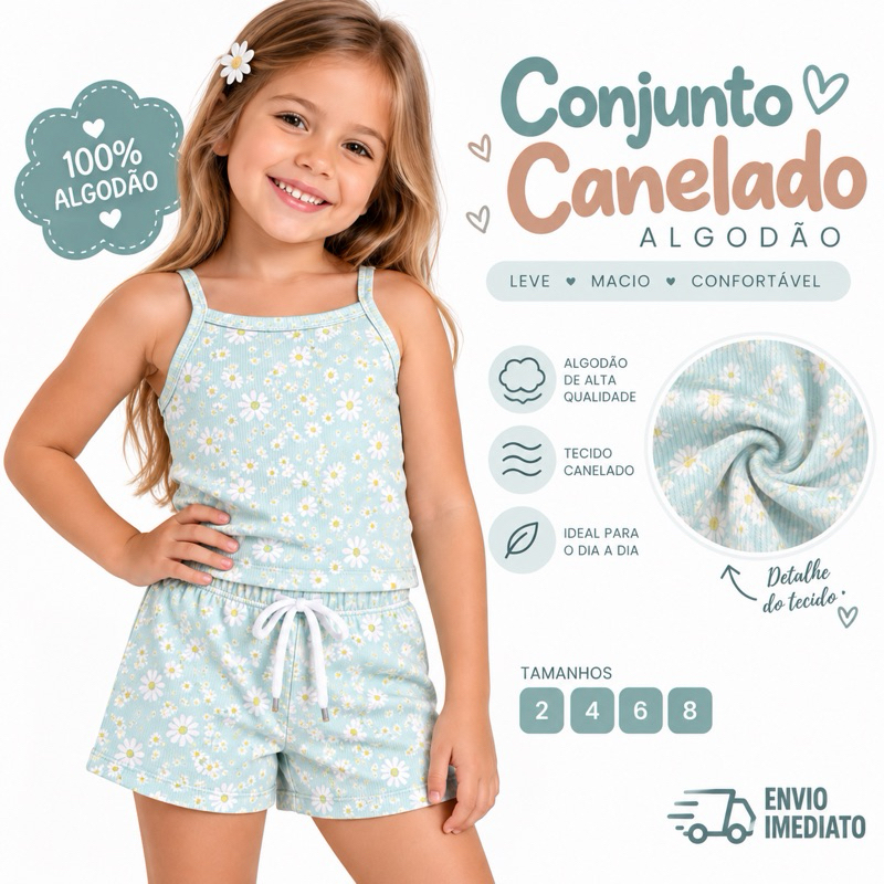 Conjunto Ribana Canelada Algodão Short e Regata Alcinha 2 a 8 Anos Cores e Estampas Avulso CA