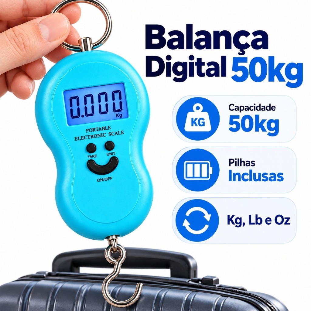 Imagem Balança Digital de Mão 50kg com Gancho Para Mala Bolsa Mochila Pesca e Viagem