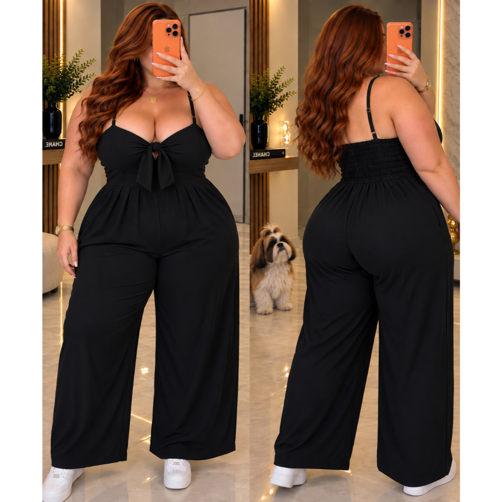 Macacão Plus Size Feminino Social Macacão Pantacur Decote com Laço Tamanhos Grandes Elástico