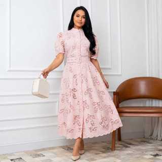 Vestido Bordado Premium Elegante Vestido Chamise Acompanha Cinto Encapado Vestido Midi Chique Evangelico