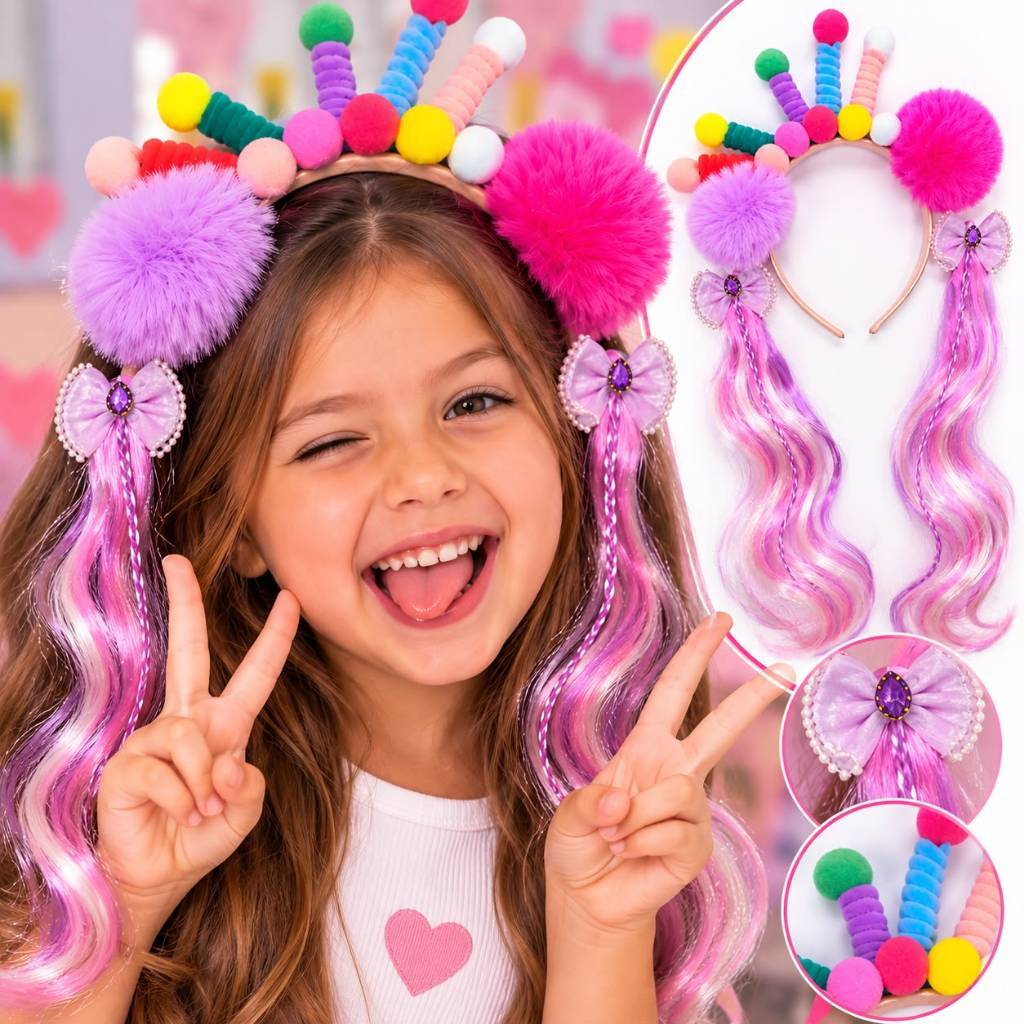 Kit Cabelo Maluco Infantil Tiara Acessório Divertido Para Festa Fantasia Aniversário Presente Menina Peruca Colorida