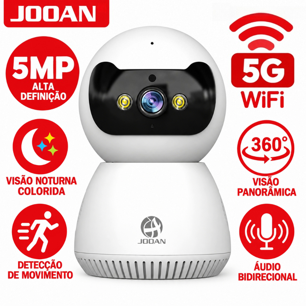 JOOAN 5G WiFi Câmera de Segurança HD 5MP com áudio, Visão Noturna e rastreamento automático | monitoramento de telefone