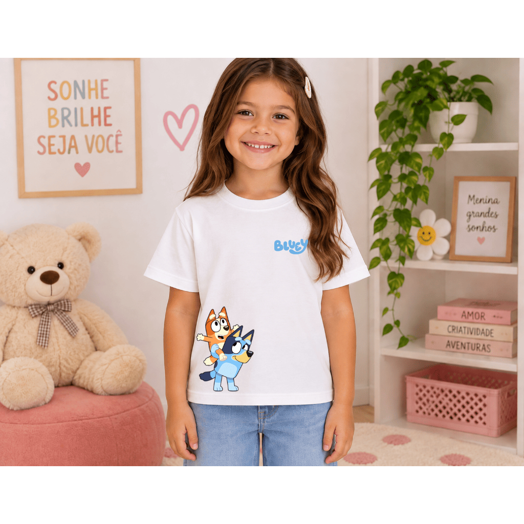 Camiseta Infantil Unissex Estampa Bluey Desenho Animado Criança 100% Algodão