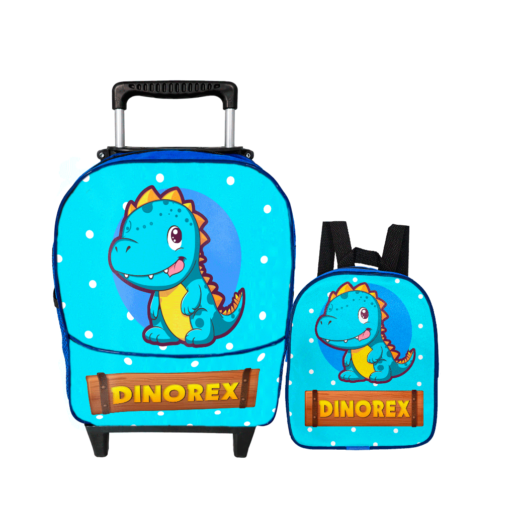 Kit Mochila de Rodinha Escolar Infantil Pequena Menino Dinossauro Dinorex com Lancheira Térmica Resistente Reforçada