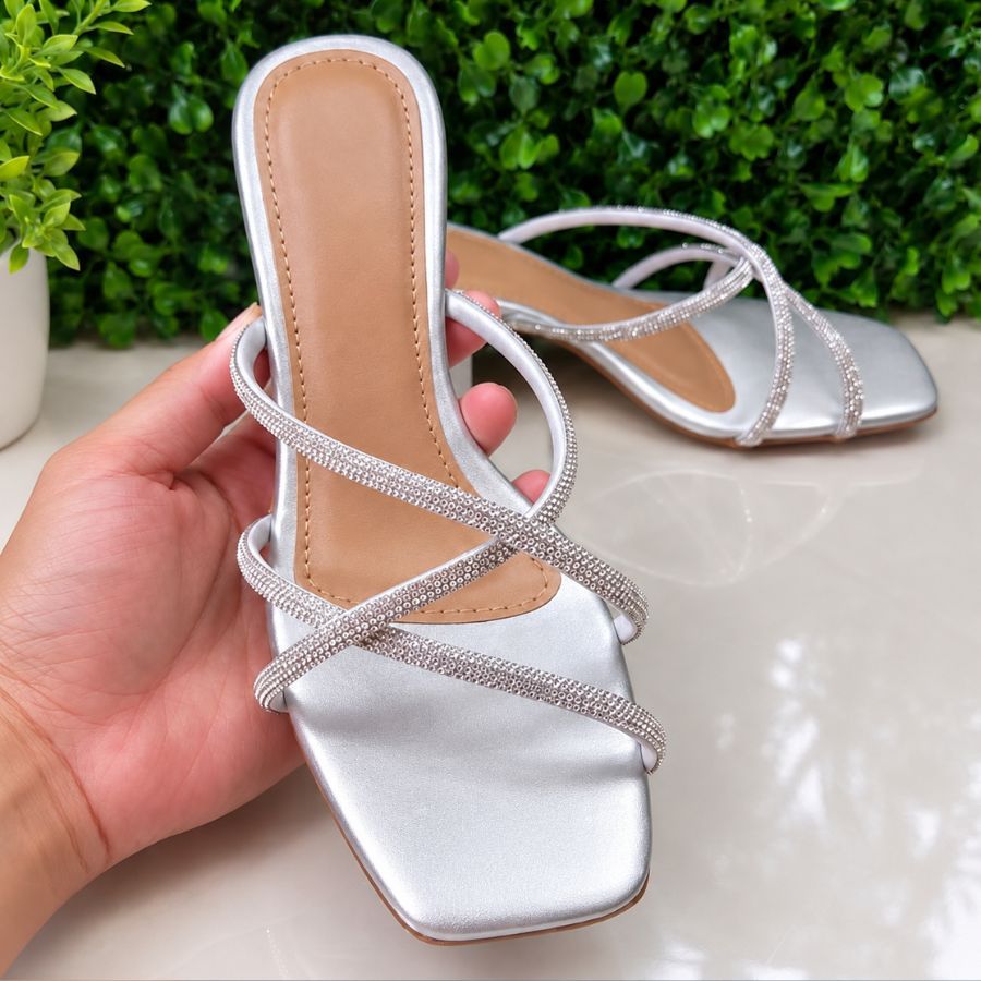 Tamanco Sapato de Salto Feminino Sandália Strass de Verdade Bloco Medio 6,2 cm Elegante Confortável Tendencia 09