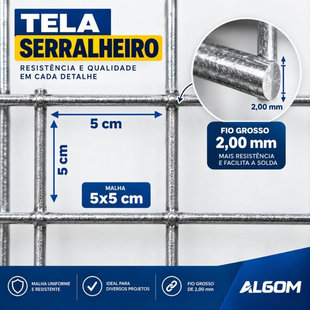 Tela Soldada Serralheiro 1,00m X 15m Fio 2,00mm Malha 5cm Algom — imagem 2 de 2