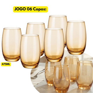 Jogo Kit 06 Copos Vidro Grande Âmbar Califórnia 475ML Servir Drinks Suco Refrigerante Água Refeição