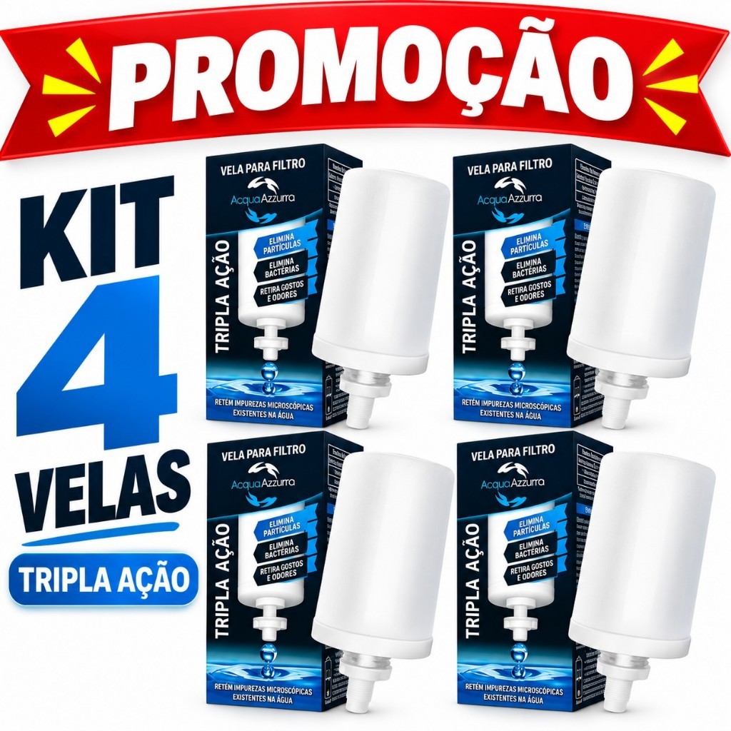 4 Velas para Filtro de Barro Alcalinas Tripla Ação Carvão Ativado Prata Coloidal P/ Todos Filtros de Barro