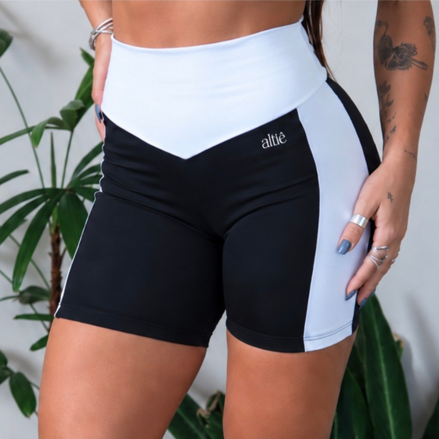 Short Fitness Feminino Cintura Alta Bicolor Zero Transparência Bolso Porta-Celular Academia Treino Altiê