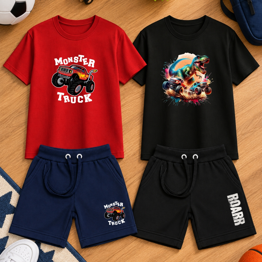 Kit 2 Conjunto Infantil Menino Camiseta + Shorts Estampado Dinossauro Roupa Infantil Carro