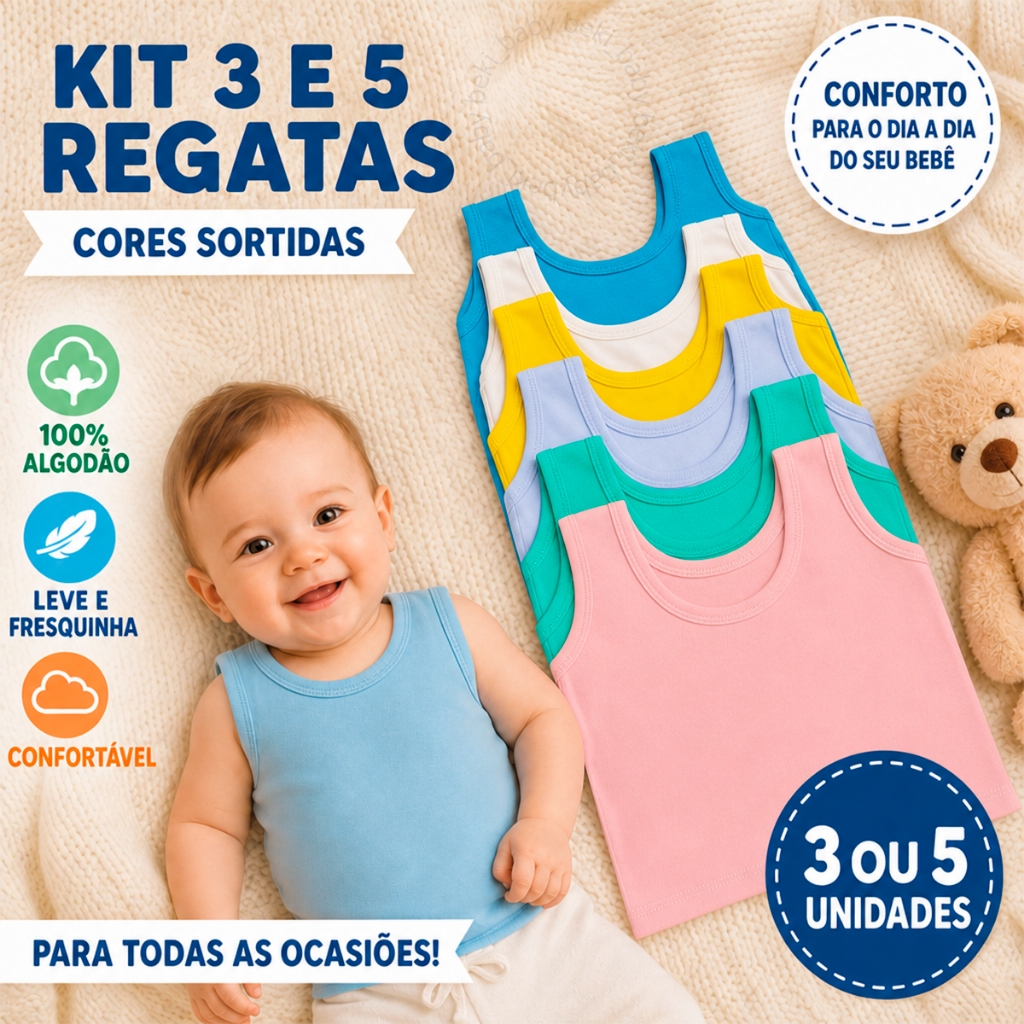 Kit 3 e 5 Camisetas Regata Lisa Bebê Menino Menina Infantil Verão Kids Algodão 0 A 2 Anos