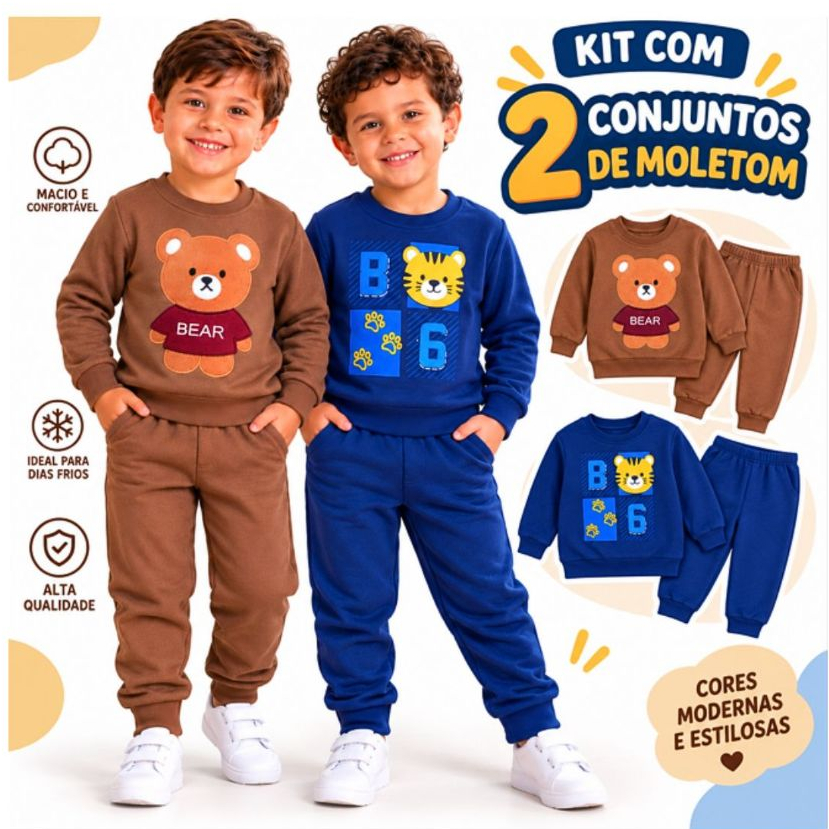 Kit Com 4 peças 2 conjuntos infantil Sortidos do 2 ao 14 Menino Cores e Estampas Sortidas