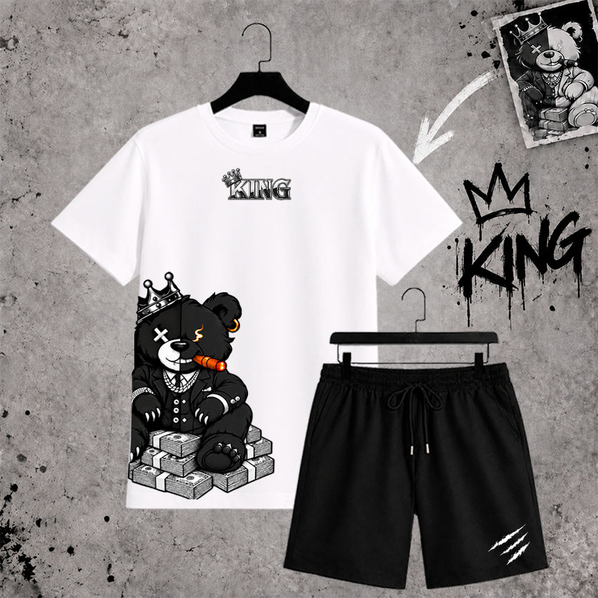 Conjunto Masculino Camiseta Estampada King Crown Bear + Bermuda Short Tactel Preta Streetwear Casual