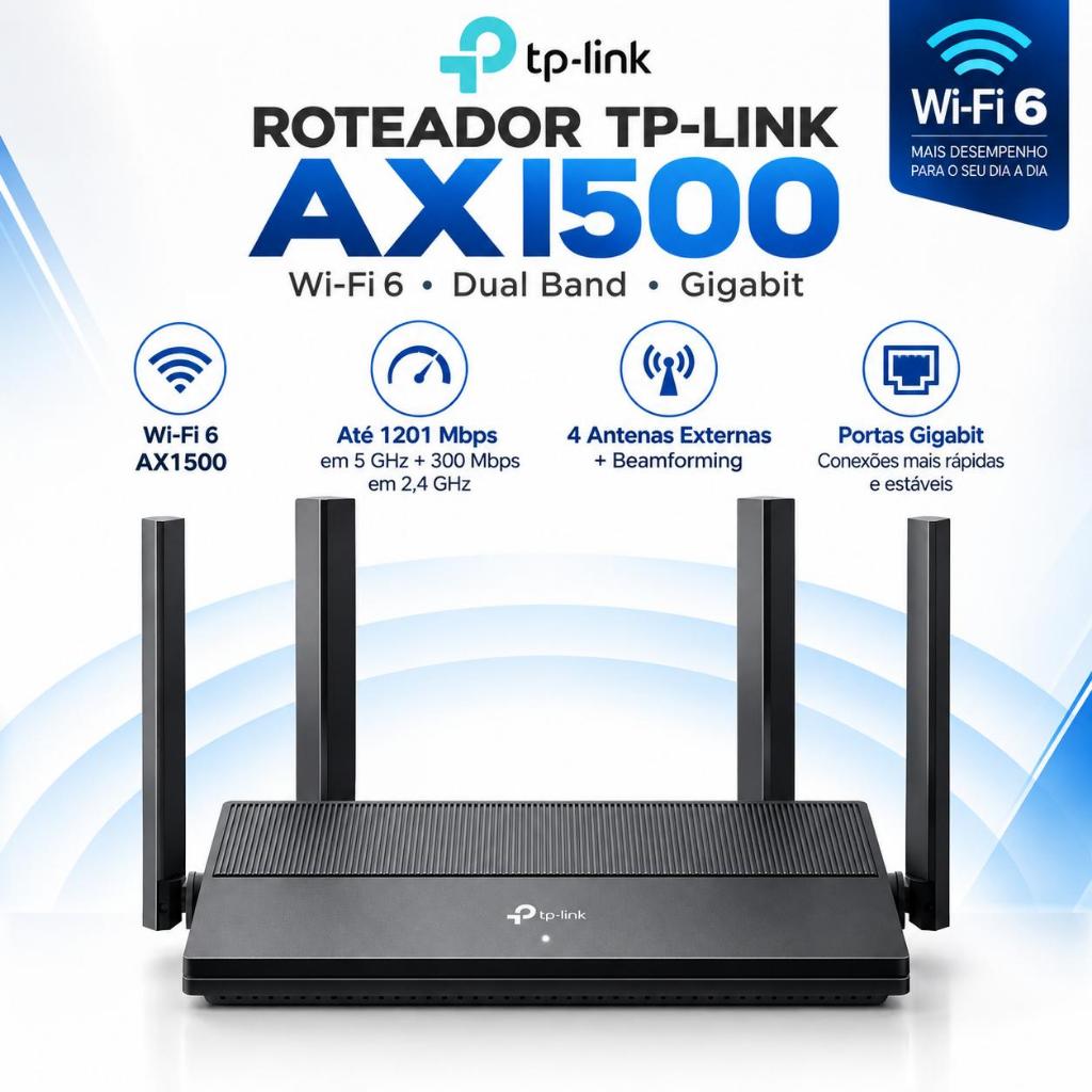 Roteador TP-Link 4 Antenas EX141 WI-FI 6 AX1500 Dual Band  Portas Gigabit