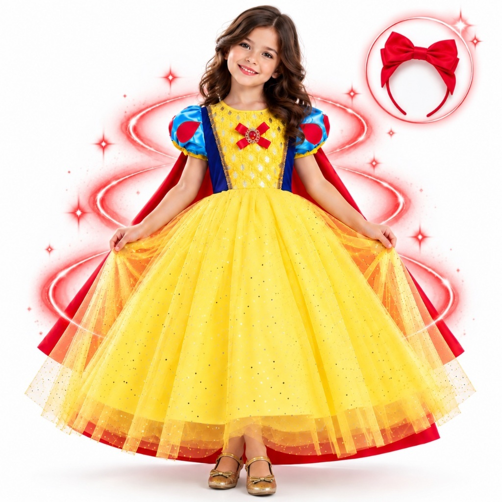 Vestido Fantasia Luxo Branca De Neve Infantil + Tiara Para Festa Cosplay