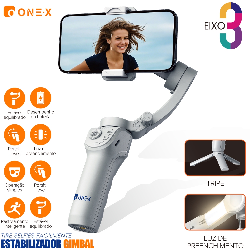 Gimbal Estabilizador Celular 3 Eixos Antivibração Luz LED Selfie Vlog  3600mAh