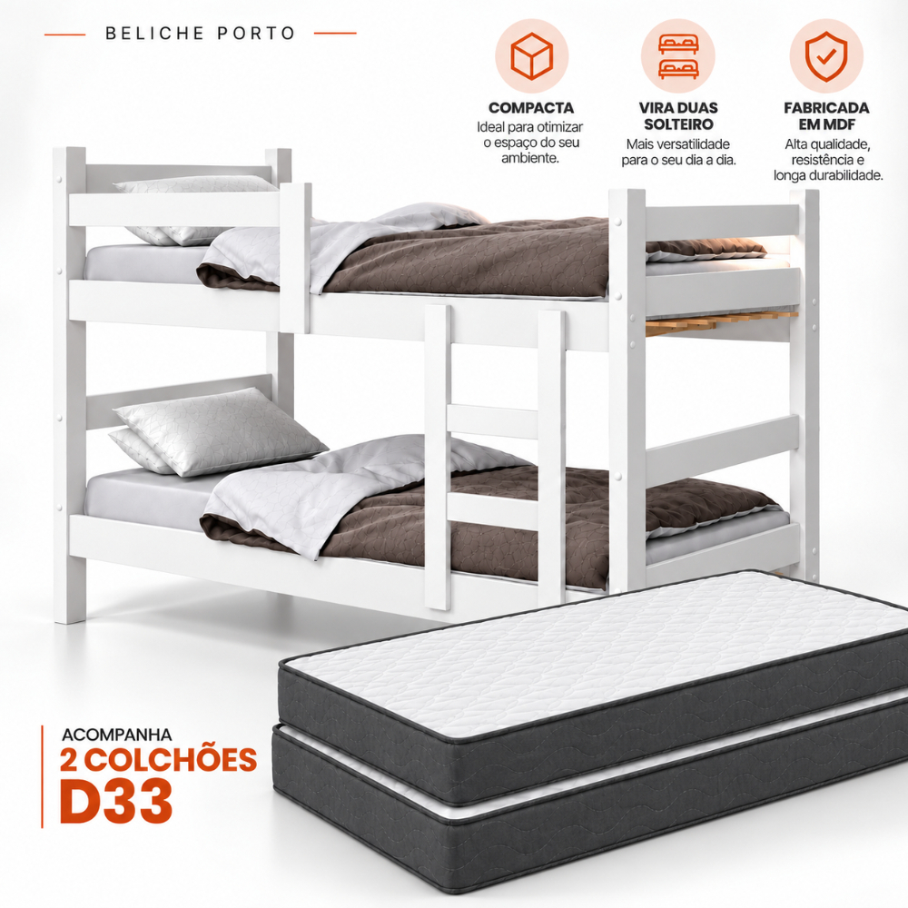 Beliche Porto Solteiro Multifuncional Com Escada Incluso 2 Colchões D33 Vira Cama Solteiro - AV