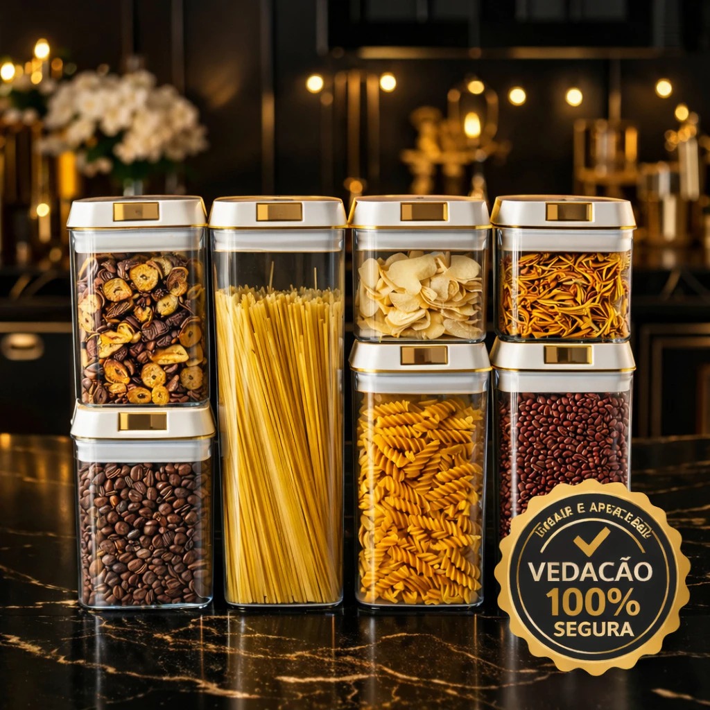 Kit 7 Potes Herméticos Transparente Acrílico Organizador de Alimentos Cozinha Despensa