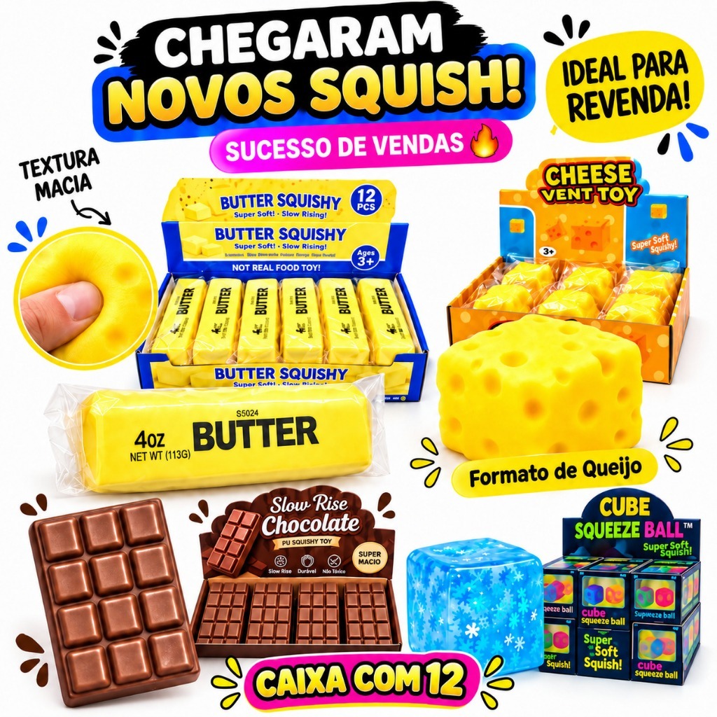 Caixa 12 Pçs Squish Anti Stress Brinquedo Apertar Chocolate Manteiga Cubo Queijo Espremer Squishy Fidget Tik Tok Atacado
