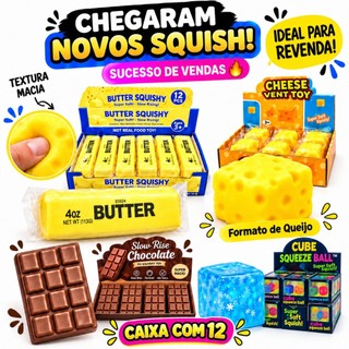 Caixa 12 Pçs Squish Anti Stress Brinquedo Apertar Chocolate Manteiga Cubo Queijo Espremer Squishy Fidget Tik Tok Atacado
