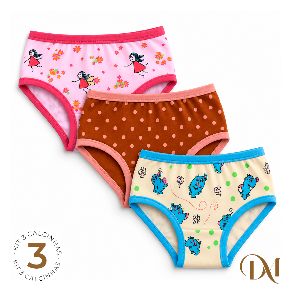 Kit 3 Calcinhas Tanga Infantil Feminina Menina Juvenil Estampas Sortidas Confortável
