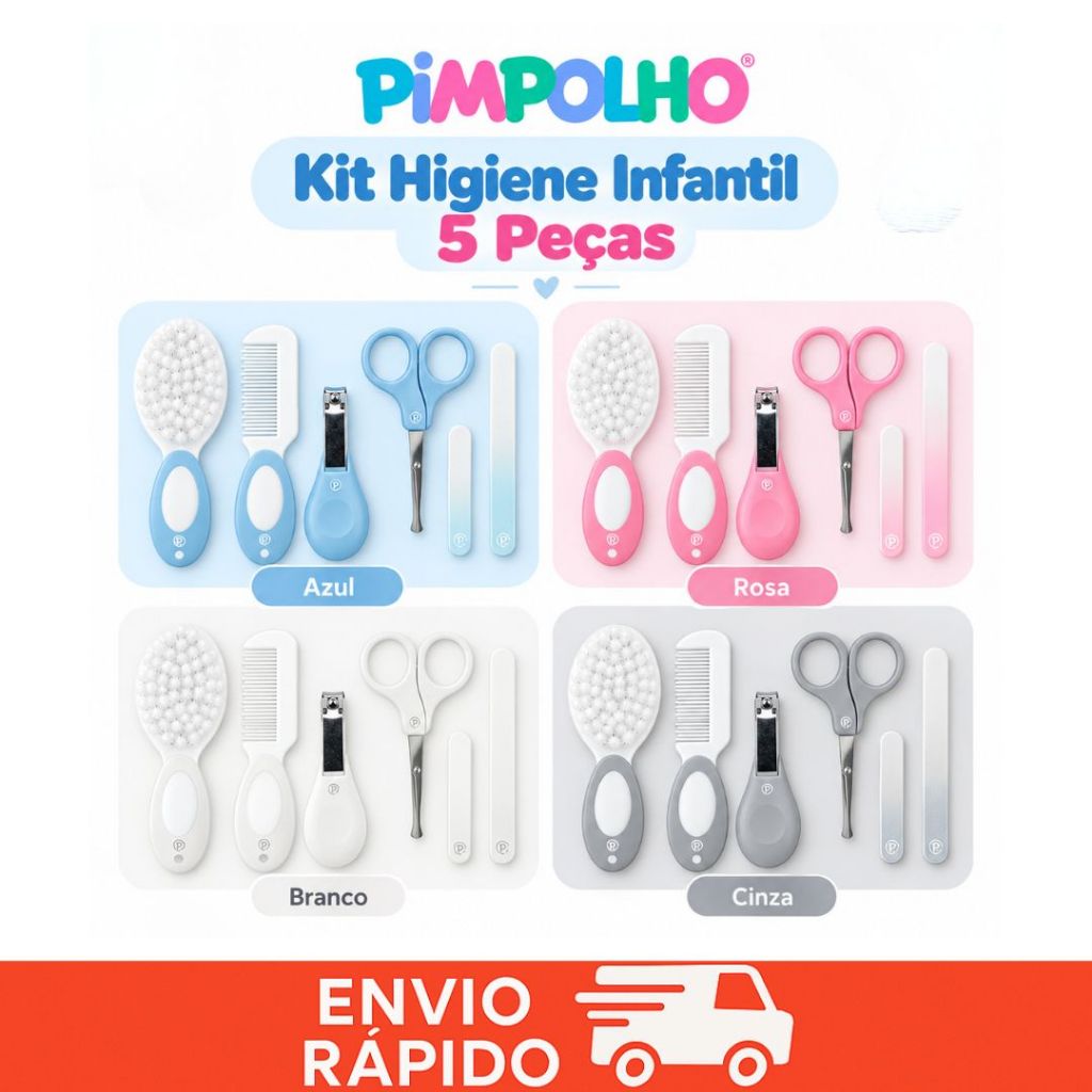 Kit Cuidados Bebê Pimpolho 5 Peças Higiene Recém-Nascido Escova Pente Tesoura Cortador Lixa Menino Menina