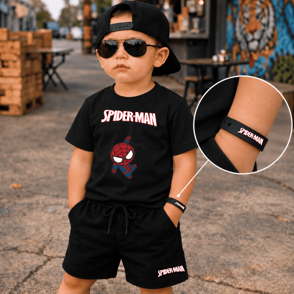 Conjunto Infantil Camiseta + Bermuda Spider Man Homem Aranha Brinde Pulseira Personalizada 2 ao 16