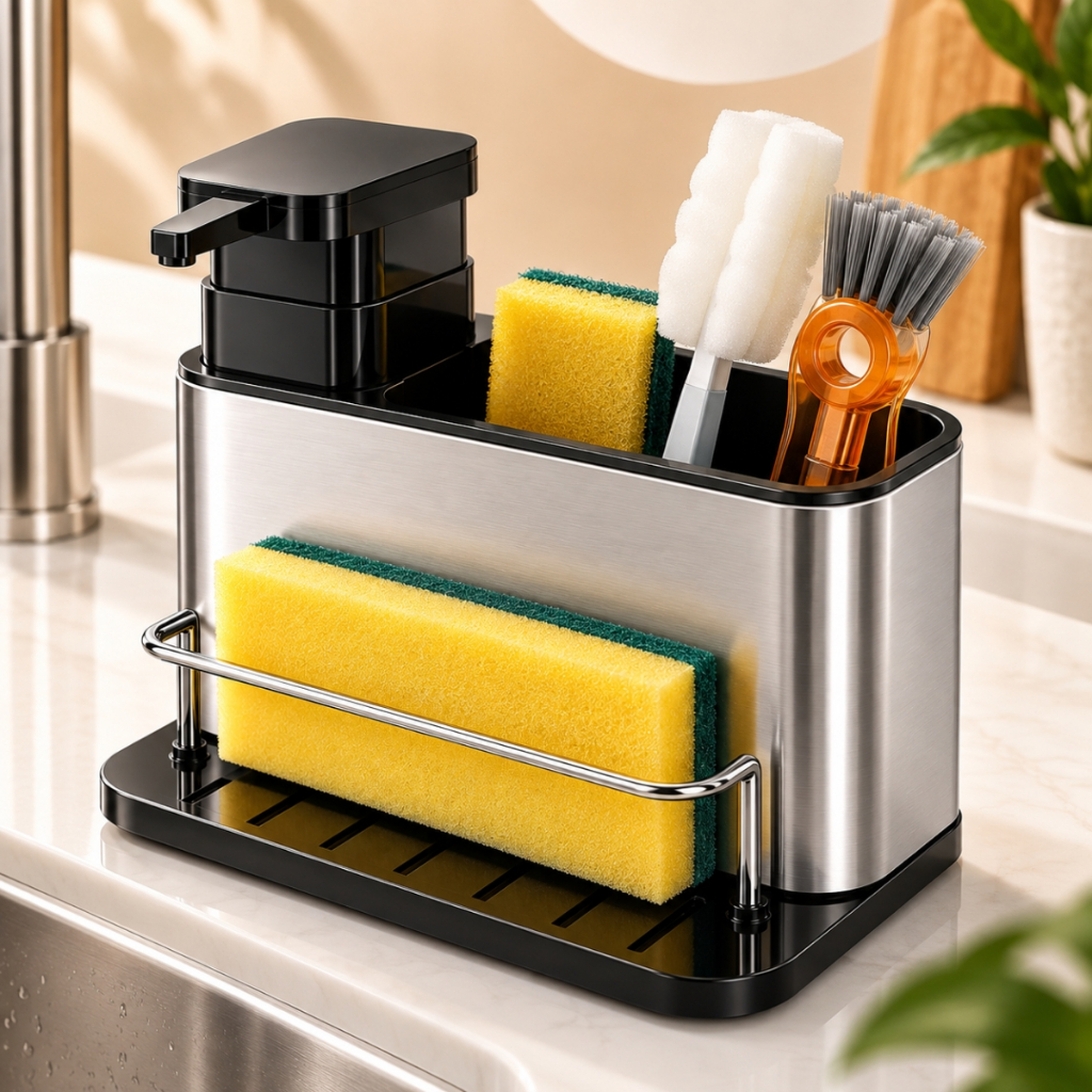 Porta Detergente e Esponja de Pia Cozinha Inox Dispenser Sabão Líquido 200ml Organizador 3 em 1 Porta Pano Pratitudo