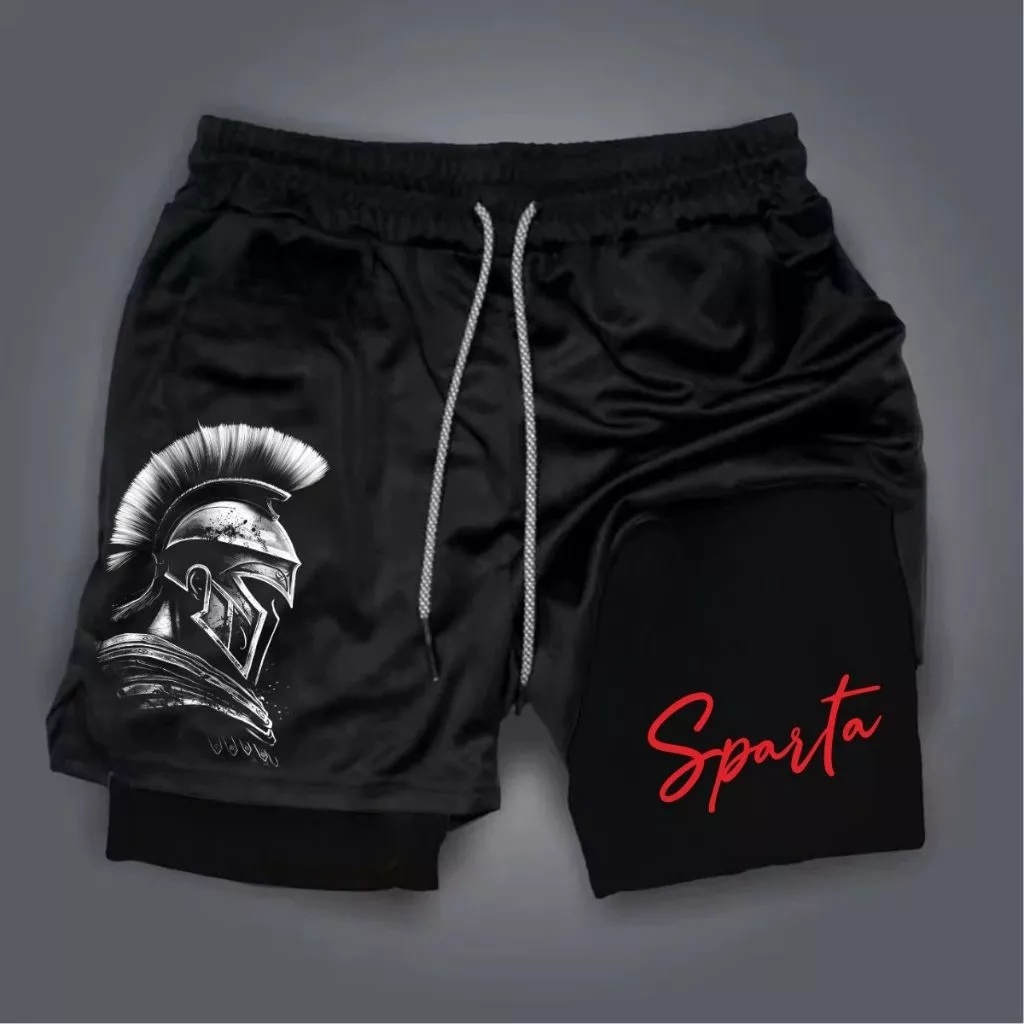 Short Masculino 2 em 1 Compressão Academia Bermuda Fitness Corrida Musculação Treino Esportivo Dupla Camada Estampado