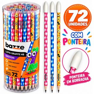 Kit 72 Lápis Com Borracha de Escrever Escolar Ponta Resistente Lápis Emotion Estampas Divertidas