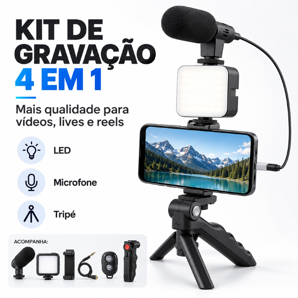 Kit Gravacao De Video Para Celular Tiktoker Youtuber Completo Microfone E Luz Led Ring Light De Mesa