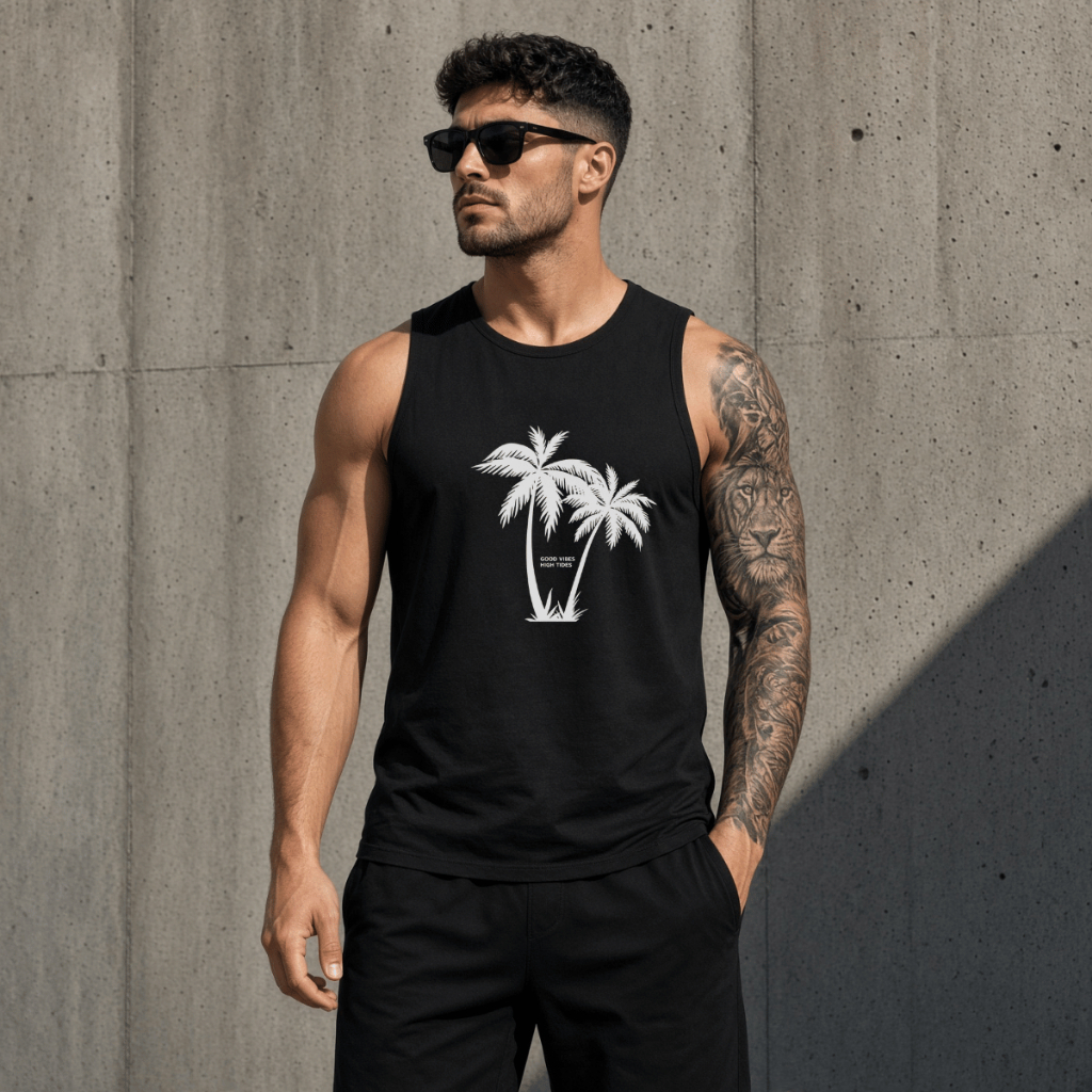 Regata Masculina Academia Algodão 100% Estampada 2 Coqueiro Premium Treino Fitness Casual Streetwear Verão