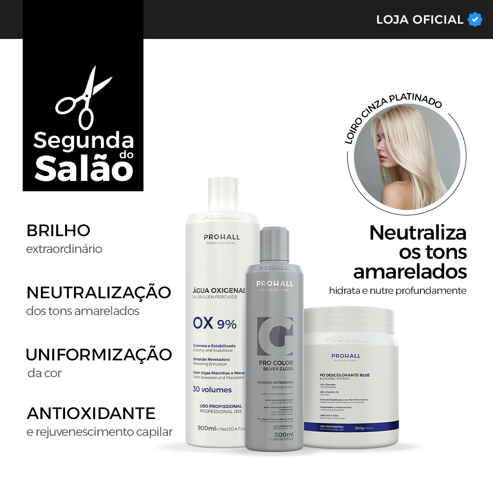 Kit Descoloração Prohall Pó Azul 500g + OX 30 Vol 900ml + Matizador Silver Gloss 500ml