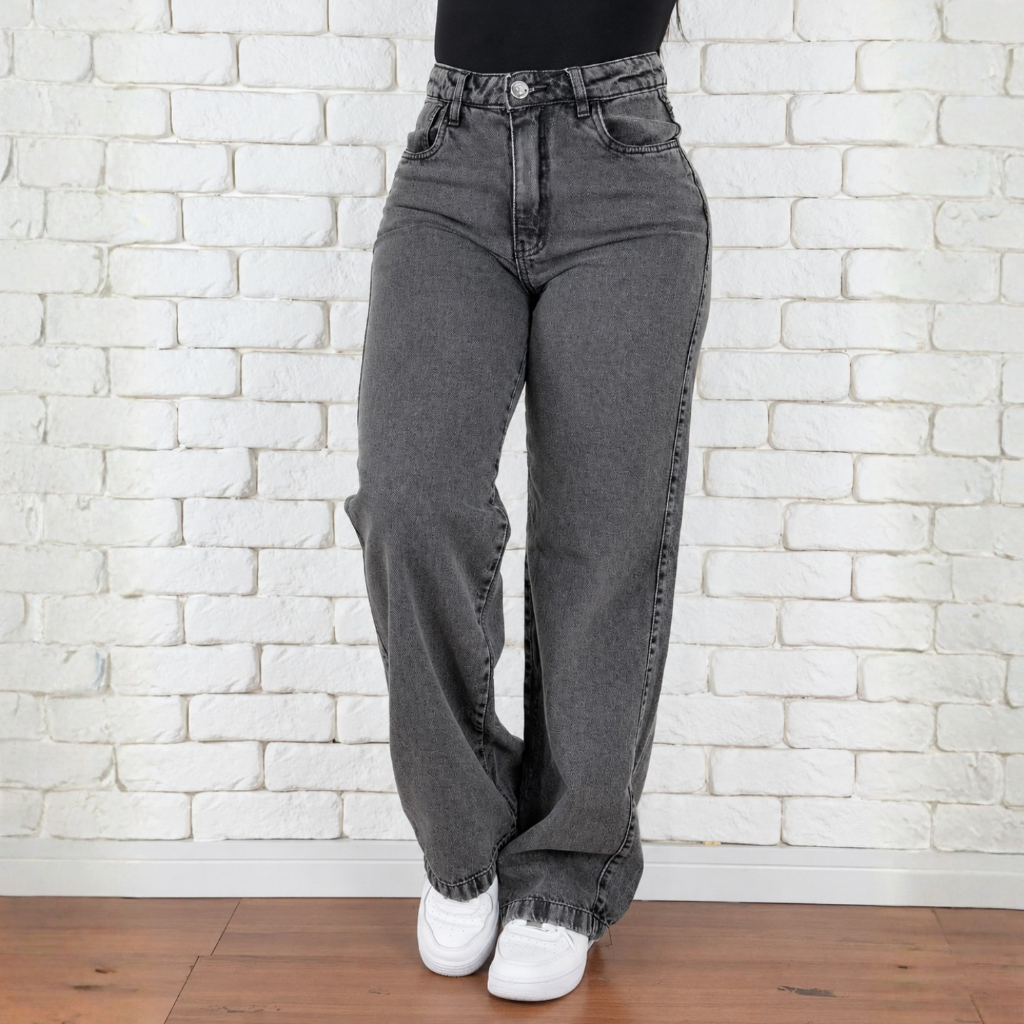 Calça Jeans Feminina Wide Leg Premium Cintura Alta Levanta Bumbum
