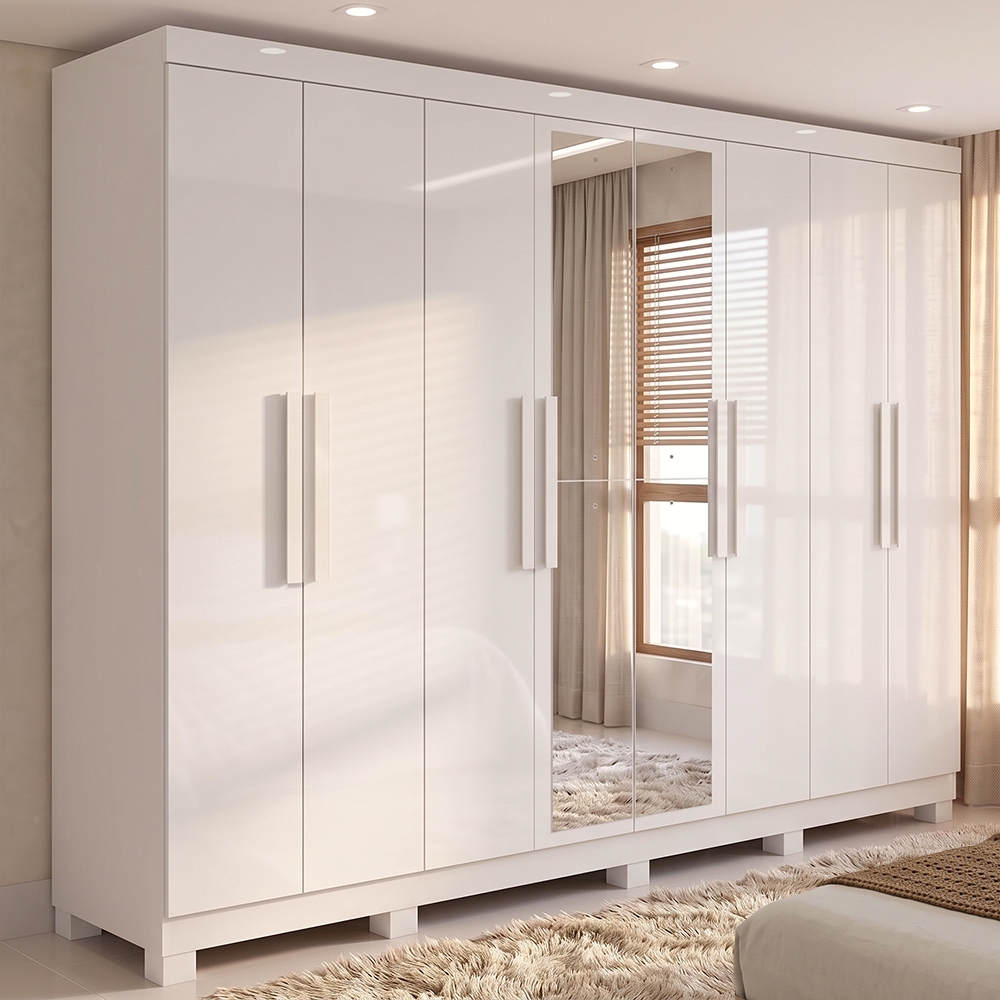 Guarda-roupa Casal Easy Slim 8 Portas Com Espelho e Pés Branco