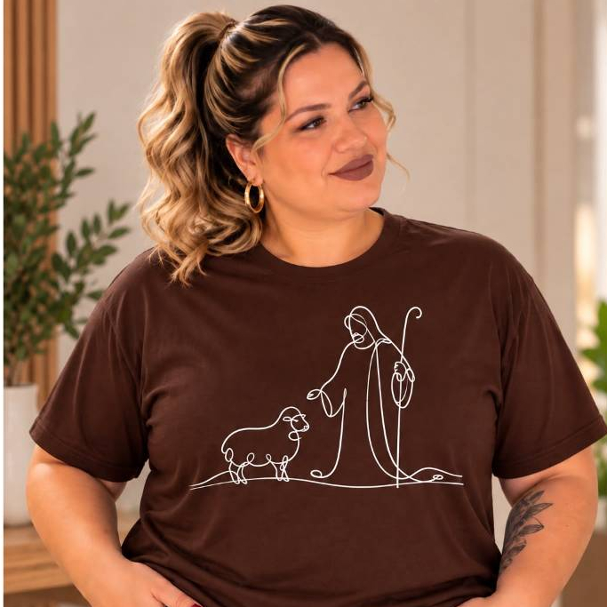 Camiseta Feminina Plus Size Jesus Bom Pastor Cristã 100% Algodão Estampada Evangélica G1 G2 G3 Preta Branca Marrom