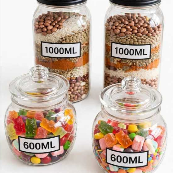KIT 4 Potes de Vidro (2 Porta Mantimentos Tampa Metal Preta 1000ml + 2 Potes Herméticos 600ml)